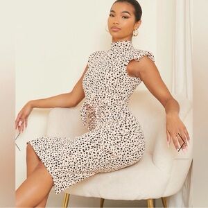 NWT PrettyLittleThing Cream Black Midi Dress Bodycon Size 6